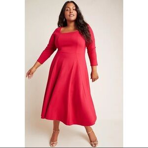 Anthropologie Red Square-Neck Midi Dress with Three-Quarter Sleeves